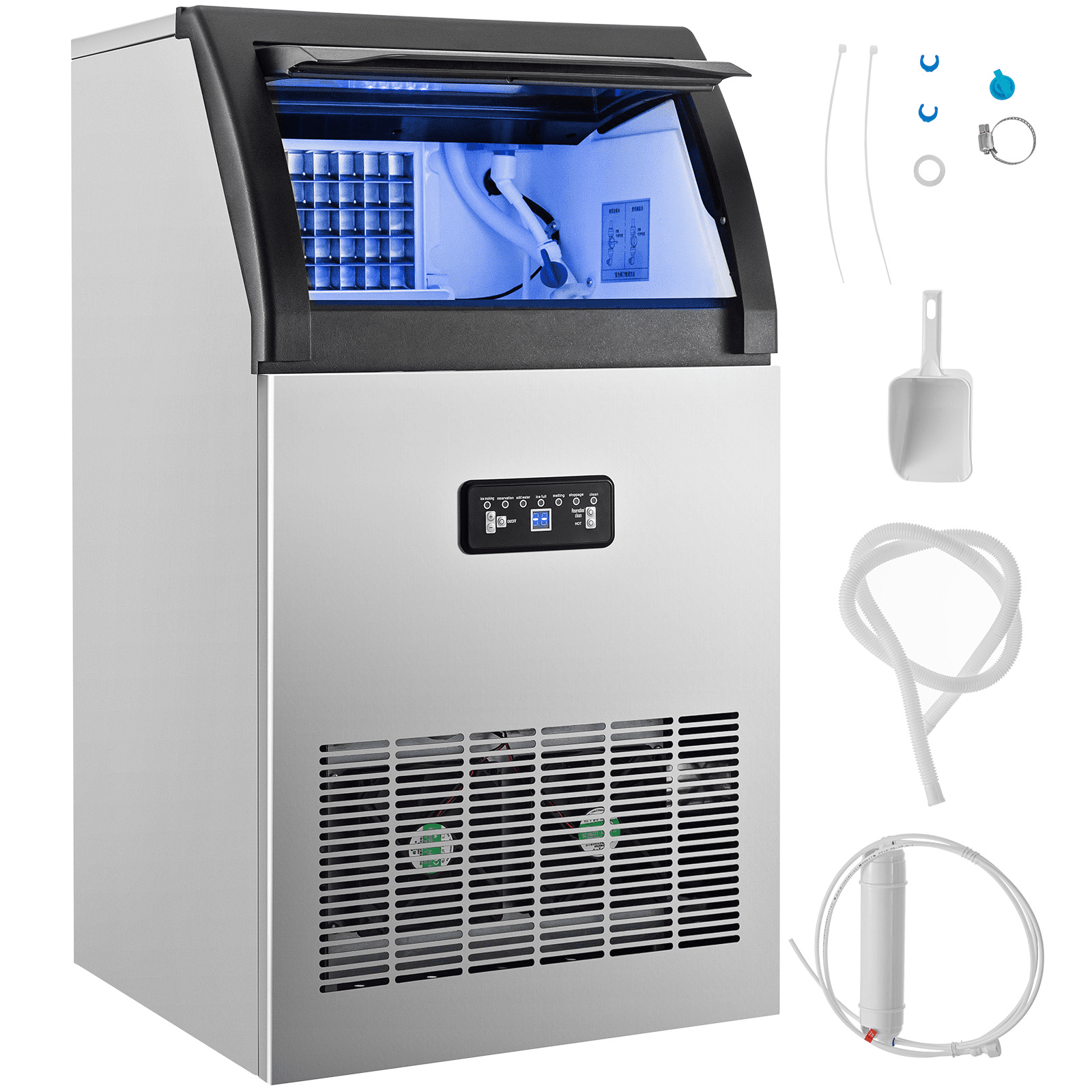 VEVORbrand Commercial Ice Maker 120 lbs/24h. 530W Commercial Ice Machine with 29 lbs Storage Capacity. Stainless Steel Construction Ice Cube Making Machine. includes Water Filter and Connection Hose