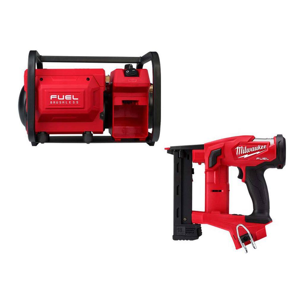 Milwaukee 2840-20-2749-20 M18 FUEL 18-Volt Brushless Cordless 2 Gal. Electric Compact Quiet Air Compressor with 18-Gauge Narrow Crown Stapler