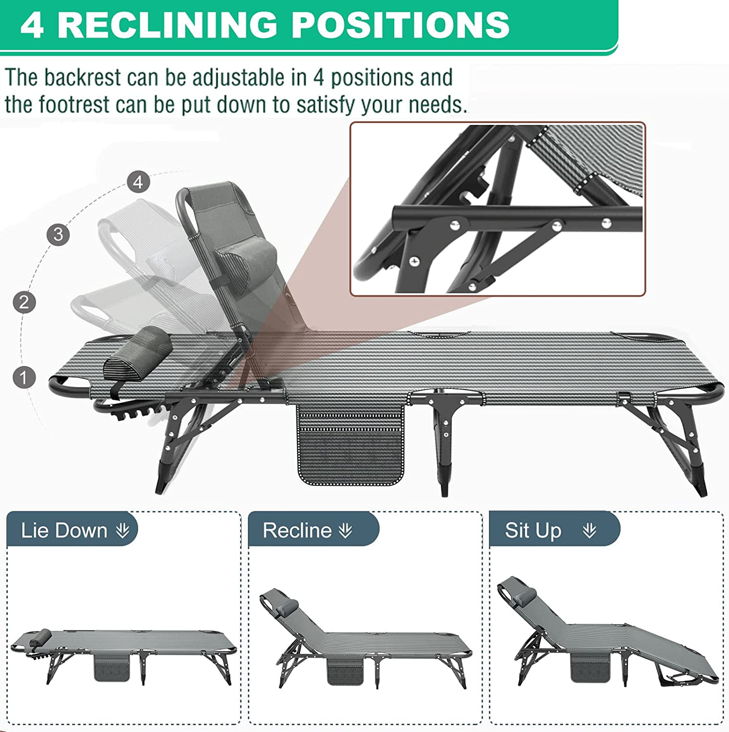 Slsy Folding Sleeping Cots Bed with 2 Sided Mattress & Pillow. Folding Camping Cot. Adjustable 4-Position Folding Lounge Chair
