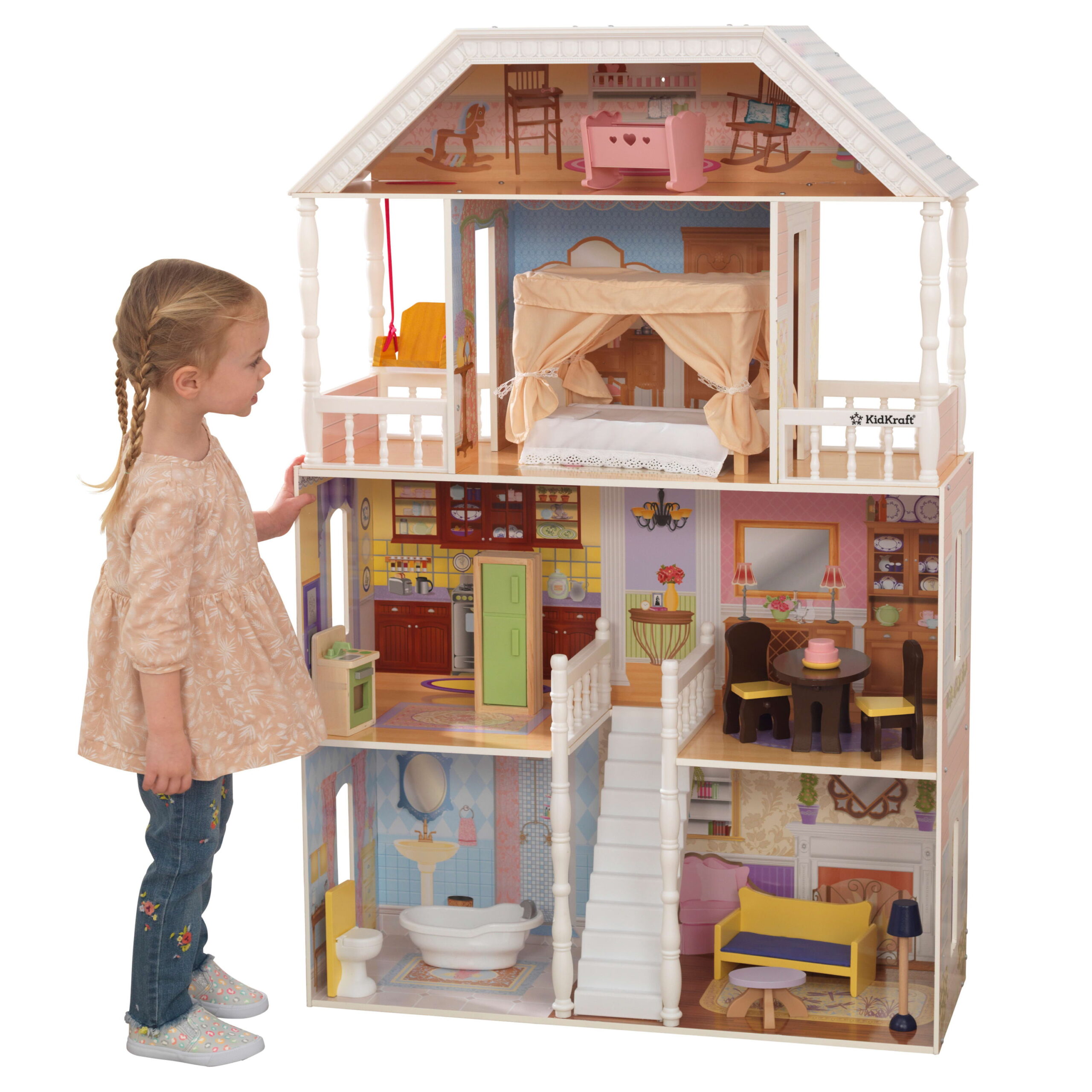 KidKraft Savannah Wooden Dollhouse. Over 4 feet Tall with Porch Swing and 14 Accessories