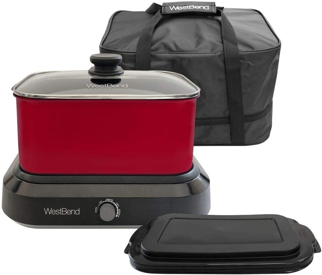 West Bend 87906R Slow Cooker. Large-Capacity Non-Stick Crockpot with Variable Temperature Control. Travel Lid and Thermal Carrying Case. 6 Qt. Red