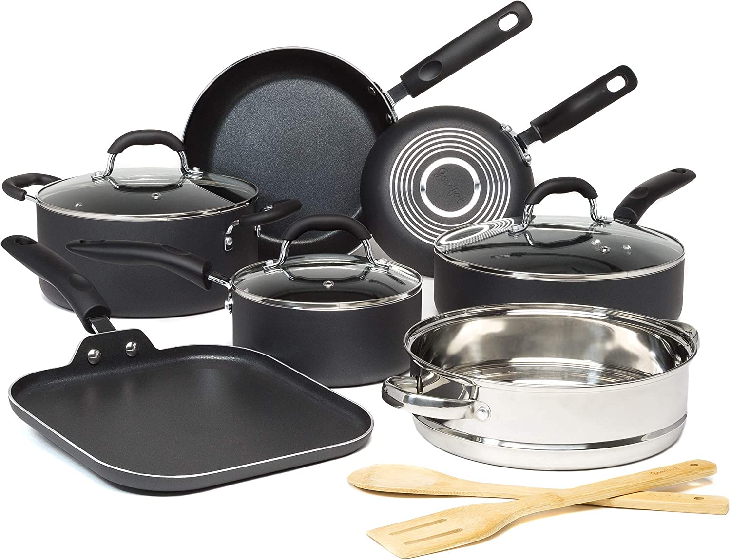 Goodful Cookware Set with Premium Non-Stick Coating. Dishwasher Safe Pots and Pans. Tempered Glass Steam Vented Lids. Stainless Steel Steamer. and Bamboo Cooking Utensils Set. 12-Piece. Charcoal Gray