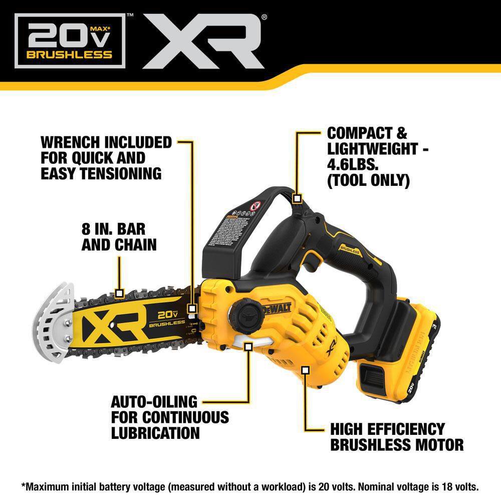 DEWALT DCCS623L1 8 in. 20-Volt Lithium-Ion Pruning Electric Cordless Chainsaw Kit with 3Ah Battery and Charger