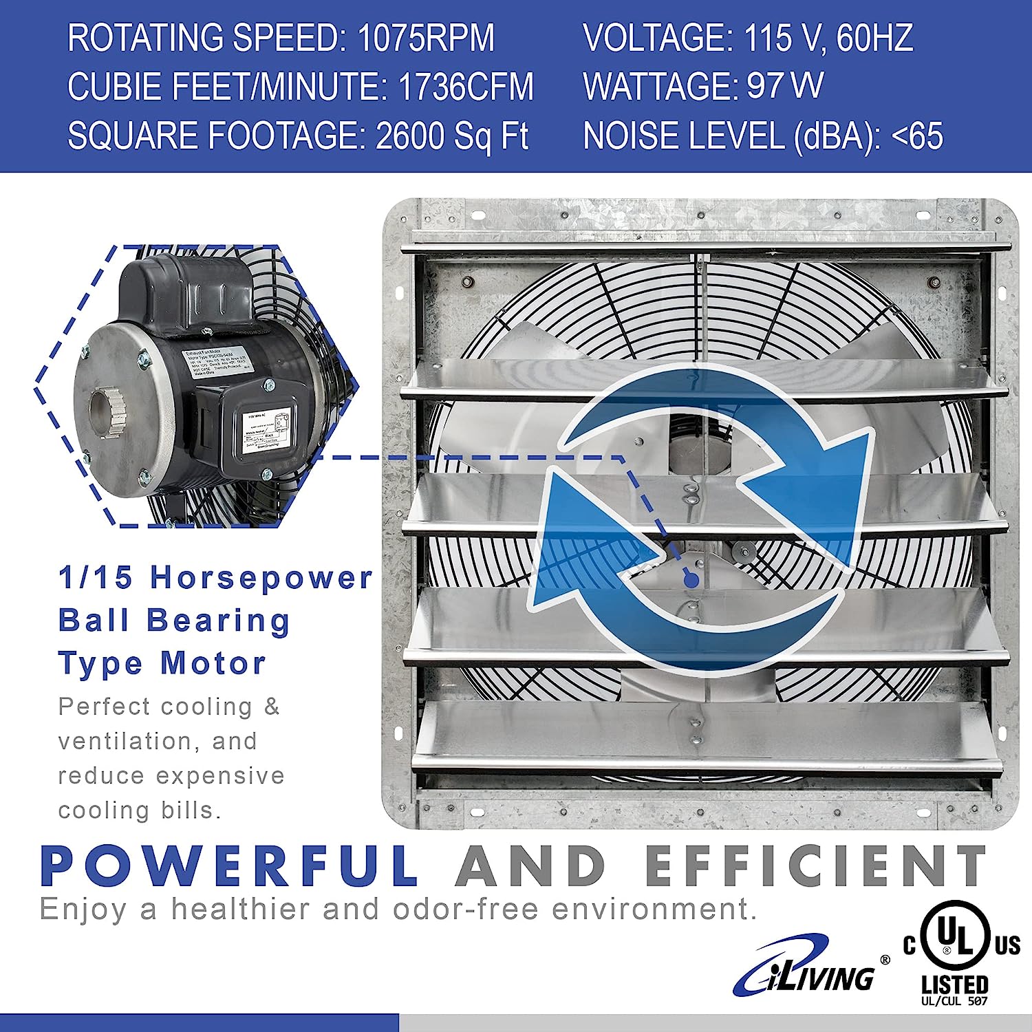 iLIVING 18″ Wall Mounted Shutter Exhaust Fan. Automatic Shutter. with Thermostat and Variable Speed controller. 0.85A. 1736 CFM. 2600 SQF Coverage Area Silver (ILG8SF18V-ST)