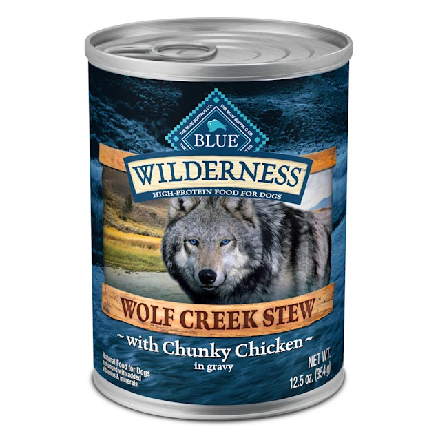 Blue Buffalo Blue Wilderness Wolf Creek Stew Chunky Chicken Stew Wet Dog Food. 12.5 oz.. Case of 12