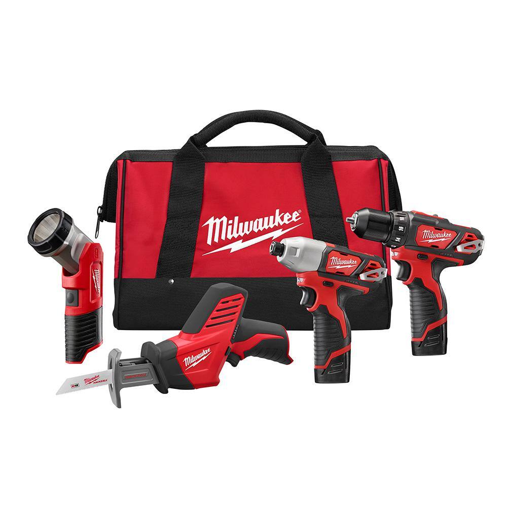 Milwaukee 2498-24 M12 12V Lithium-Ion Cordless Combo Tool Kit with Two 1.5 Ah Batteries. 1 Charger. 1 Tool Bag (4-Tool)