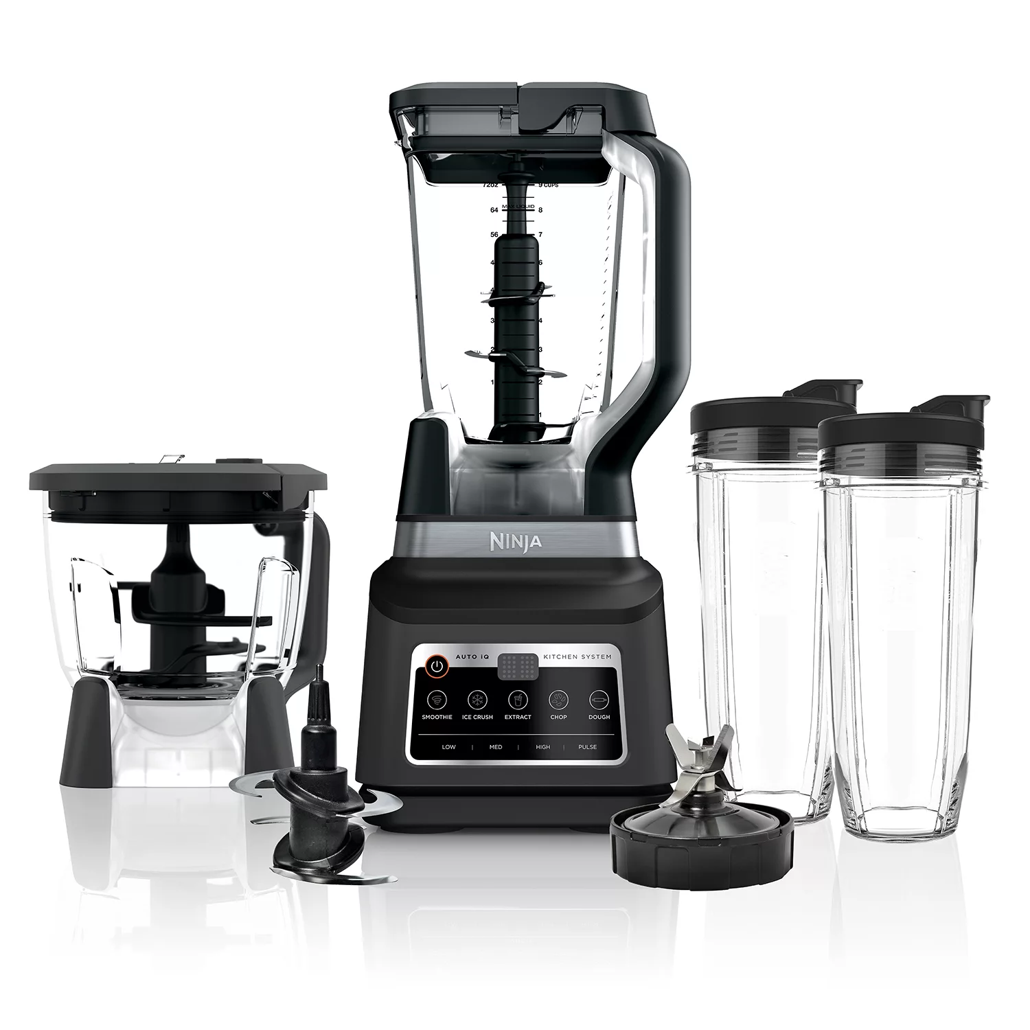 Ninja BN801 Professional Plus Kitchen System. 1400 WP. 5 Functions for Smoothies. Chopping. Dough & More with Auto IQ. 72-oz. Blender Pitcher. 64-oz. Processor Bowl. (2) 24-oz. To-Go Cups. Grey NEW