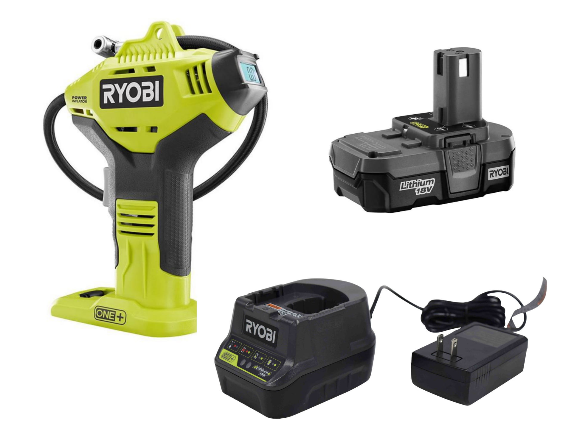 Ryobi 18V ONE+ Cordless High Pressure Inflator with Digital Gauge Kit (Includes: P737D Digital Inflator. P102 Lithium-ion Battery pack. P118b Charger)