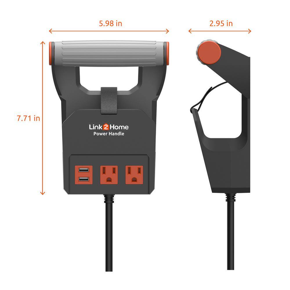 Link2Home EM-PH-2014E Power Handle Extension Cord. 20 ft. 14 AWG. 2-Outlets 15 Amp. 2 USB Ports (3.1 Amp). Cord Management