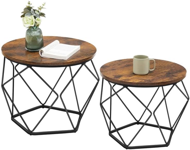 VASAGLE Small Coffee Table Set of 2. Round Coffee Table with Steel Frame. Side End Table for Living Room. Bedroom. Office. Rustic Brown and Black