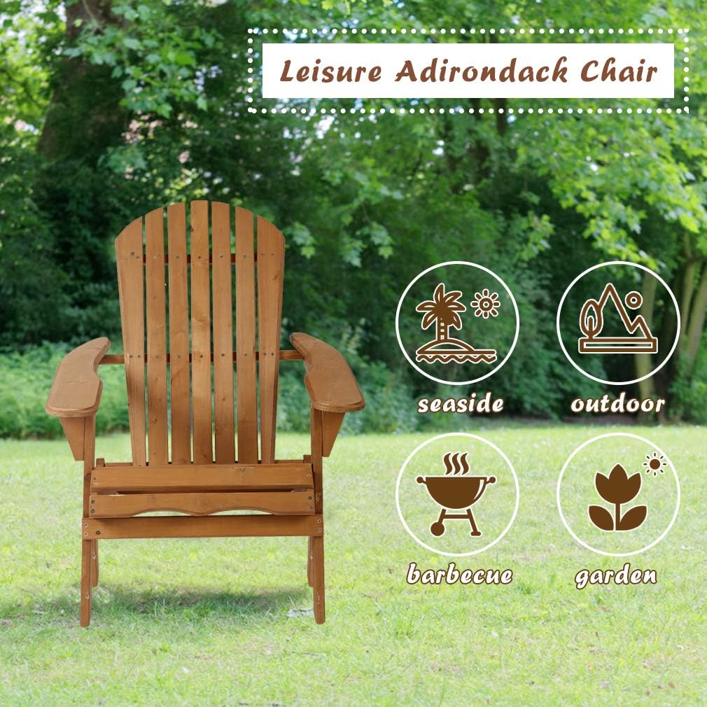 FDW Adirondack Chair Outdoor Chairs Patio Chairs Lawn Chair Folding Adirondack Chair Patio Seating Fire Pit Chairs Wood Chairs for Adults Yard Garden w/Natural Finish