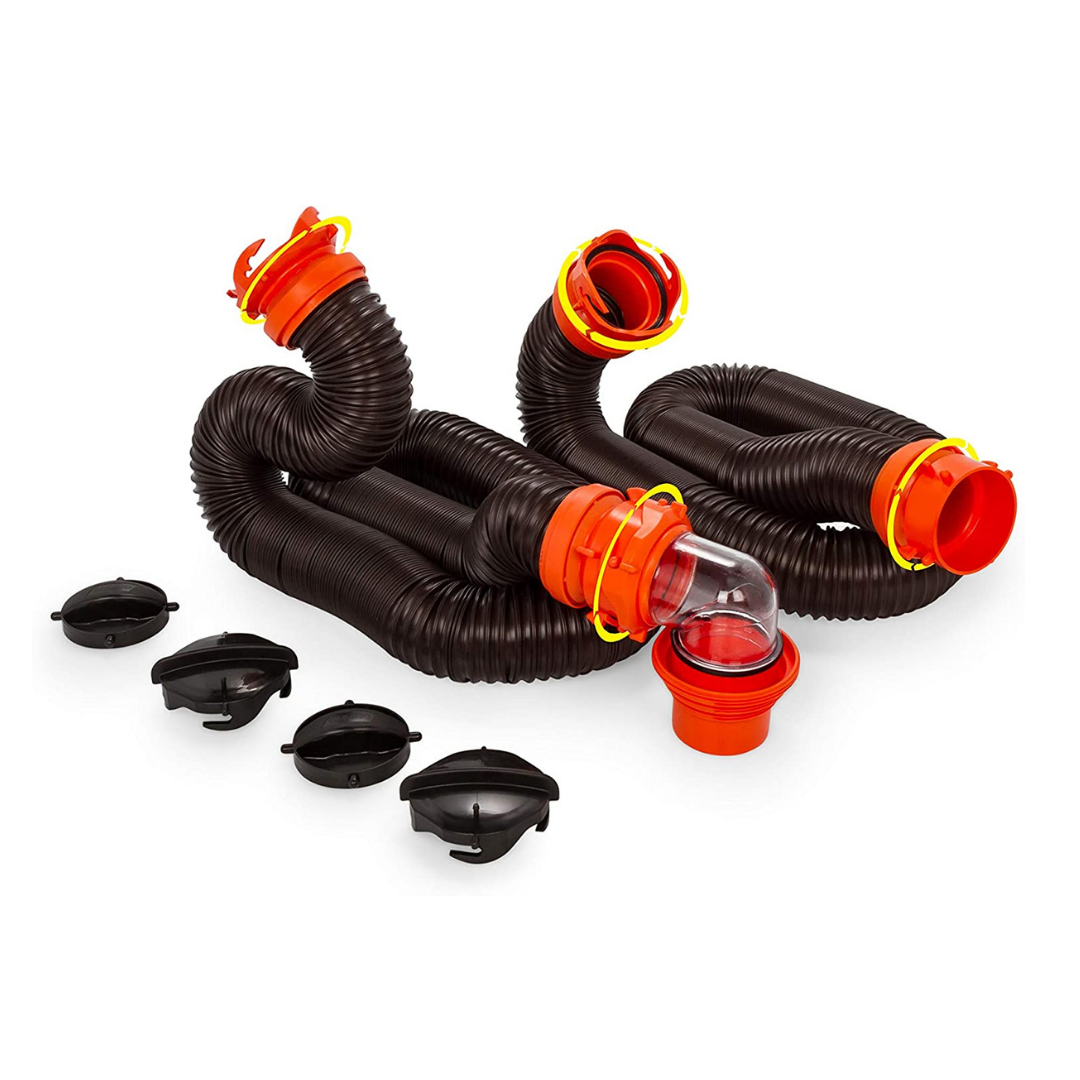 Camco 20′ (39742) RhinoFLEX 20-Foot RV Sewer Hose Kit. Swivel Transparent Elbow