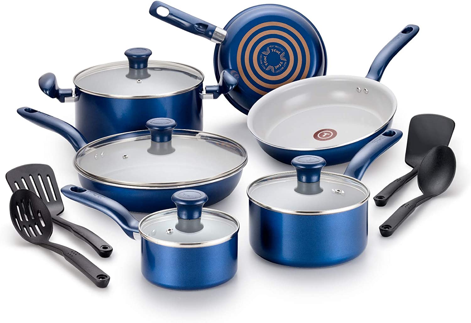 T-fal G918SE64 Initiatives Ceramic Thermo-Spot Heat Indicator Dishwasher Oven Safe Toxic Free Cookware Set. 14-Piece. Blue
