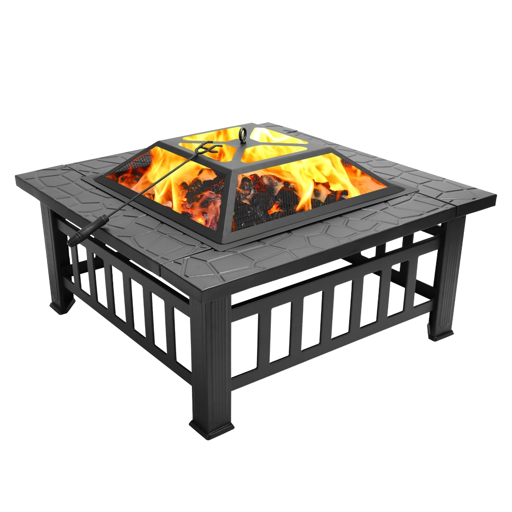 32 Inch Heavy Duty 3 in 1 Metal Square Patio Firepit Table BBQ Garden Stove with Spark Screen Cover Log Grate and Poker for Outside Wood Burning and Drink Cooling (32 x 32 x 17)”