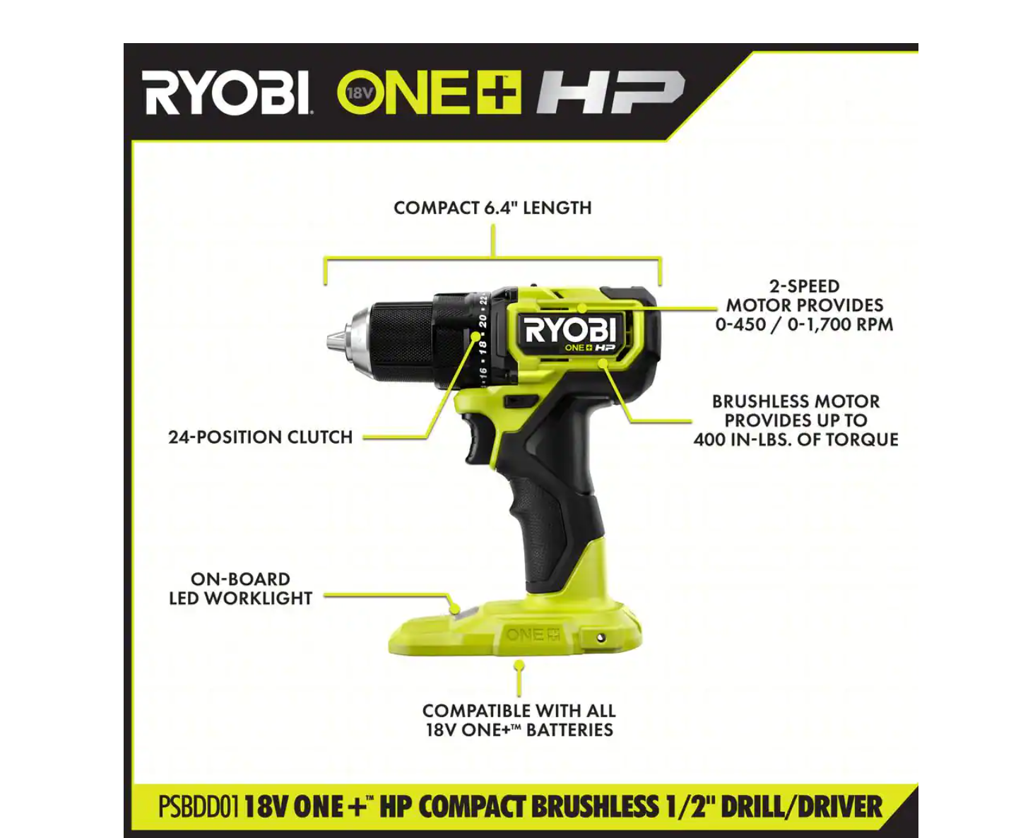 RYOBI PSBDD01K ONE+ HP 18V Brushless Cordless Compact 1/2 in. Drill/Driver Kit with (2) 1.5 Ah Batteries. Charger and Bag