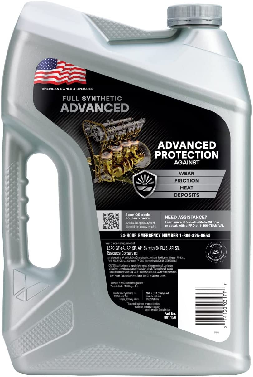 Valvoline Advanced Full Synthetic 0W-20 Motor Oil. 5 Quart