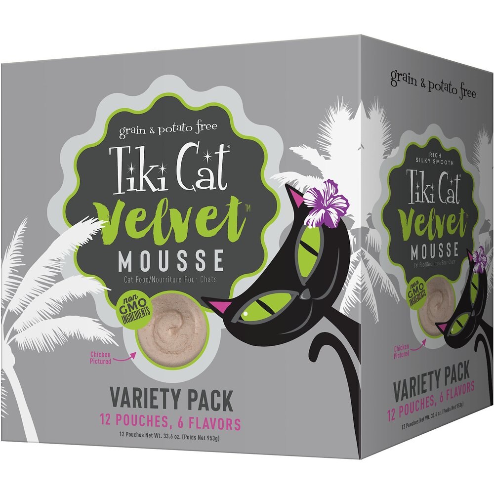 Tiki Cat Velvet Mousse Variety Pack Grain-Free Wet Cat Food. 2.8-oz pouch. case of 12