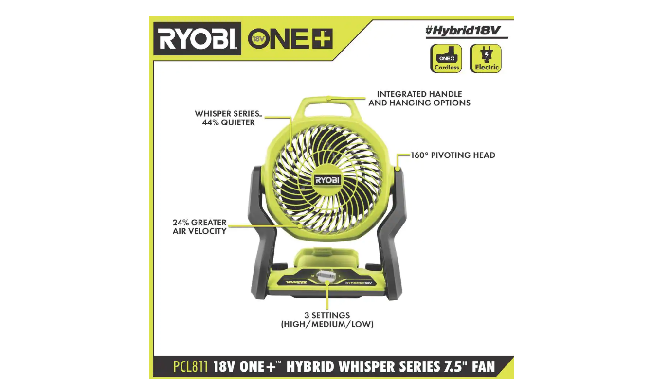 RYOBI PCL811B ONE+ 18V Cordless Hybrid WHISPER SERIES 7-1/2 in. Fan (Tool Only)