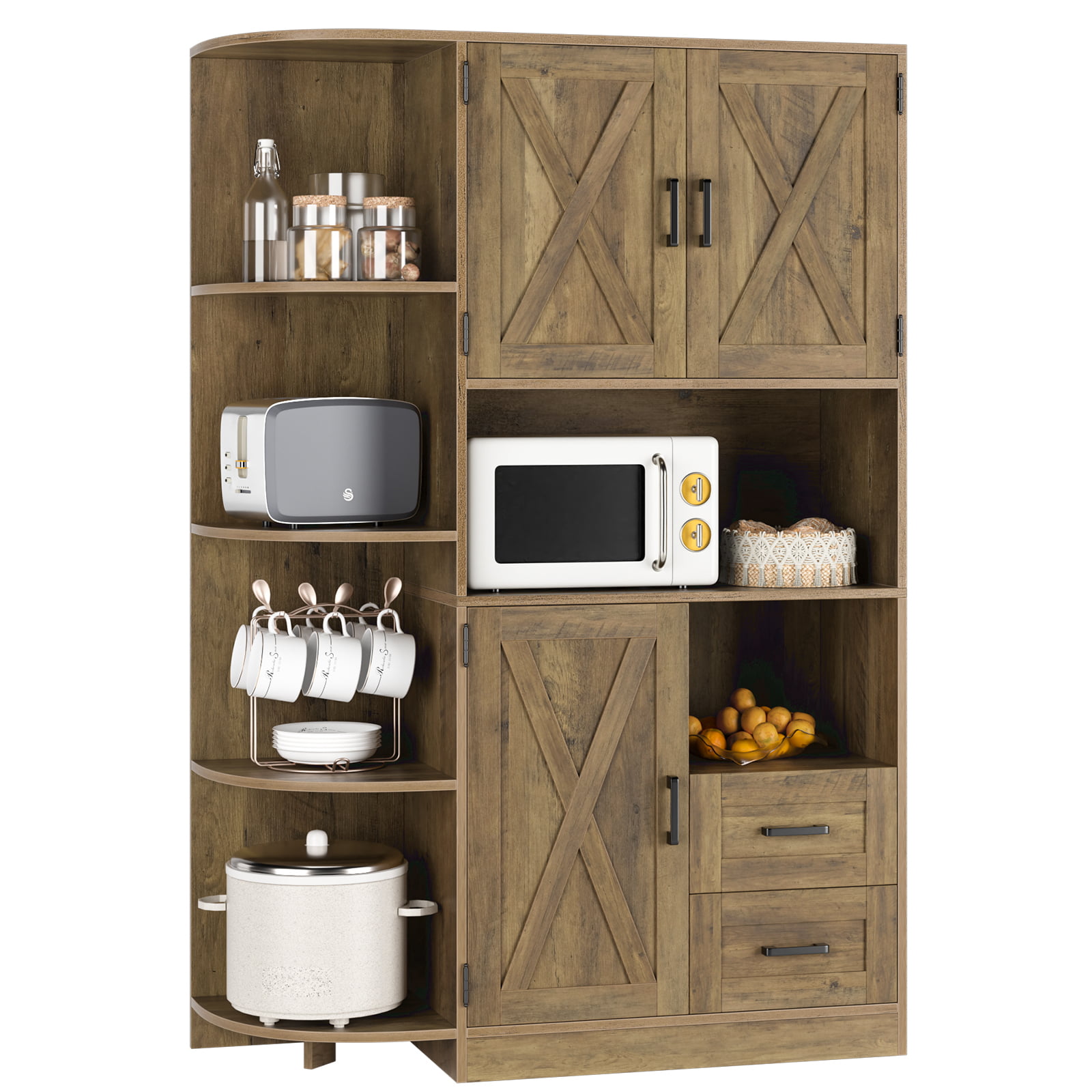 Homfa Pantry Storage Cabinet with Adjustable Shelves. Freestanding Tall Wooden Buffet Sideboard for Kitchen and Dining Room. Rustic Brown