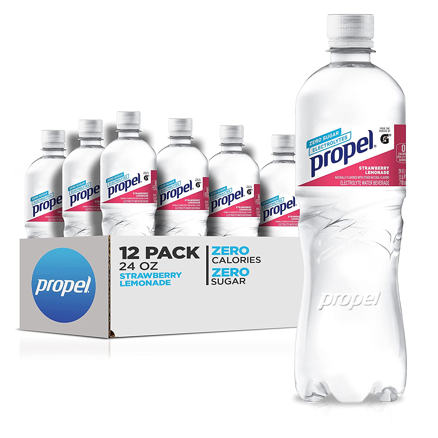 Propel. Strawberry Lemonade. Zero Calorie Water Beverage with Electrolytes & Vitamins C&E