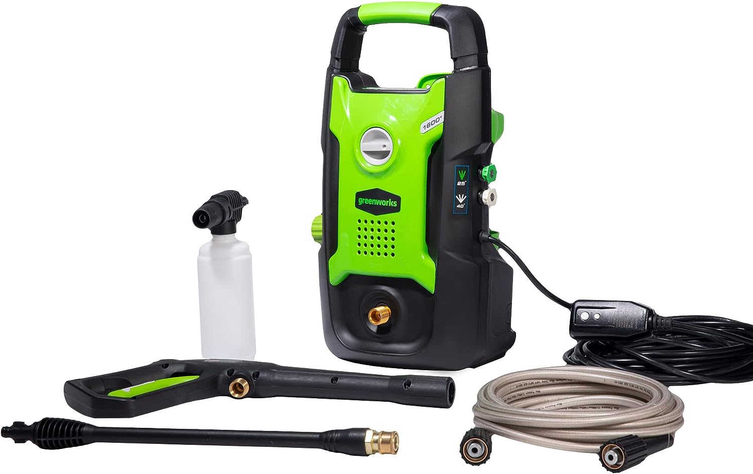 Greenworks 1600 PSI (1.2 GPM) Electric Pressure Washer (Ultra Compact / Lightweight / 20 FT Hose / 35 FT Power Cord) Great For Cars. Fences. Patios. Driveways