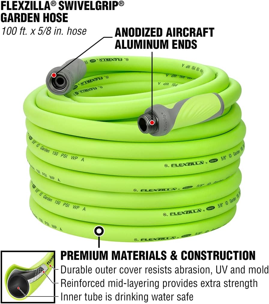Flexzilla Garden Hose with SwivelGrip. 5/8 in. x 100 ft.. Heavy Duty. Lightweight. Drinking Water Safe. ZillaGreen - HFZG5100YWS-E