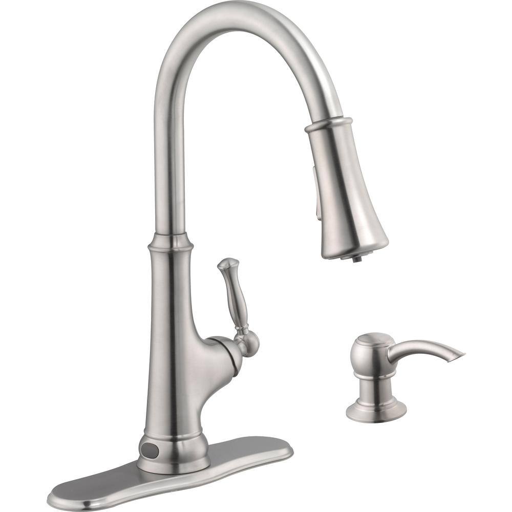 Glacier Bay  Touchless LED Single-Handle Pull-Down Sprayer Kitchen Faucet with Soap Dispenser in Stainless Steel