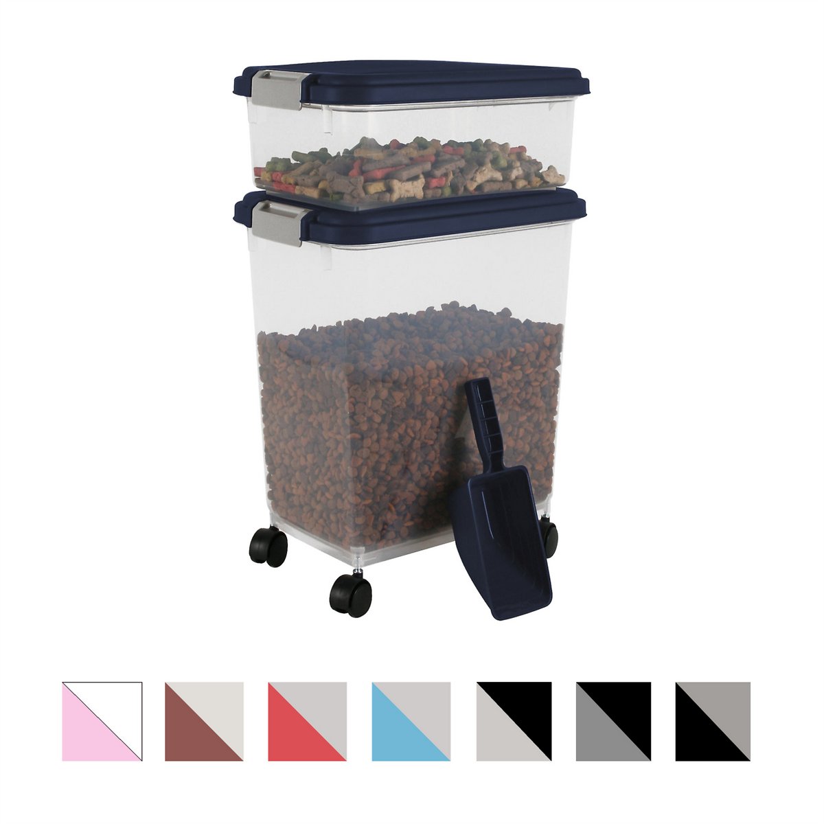 IRIS Airtight Food Storage Container and Scoop Combo for pet. dog. cat and bird food. Navy/Gray