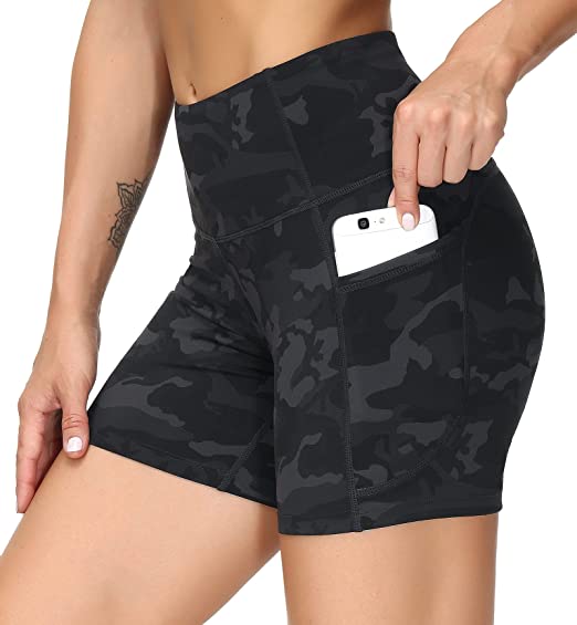 THE GYM PEOPLE High Waist Yoga Shorts for Women's Tummy Control Fitness Athletic Workout Running Shorts with Deep Pockets. Black Camo