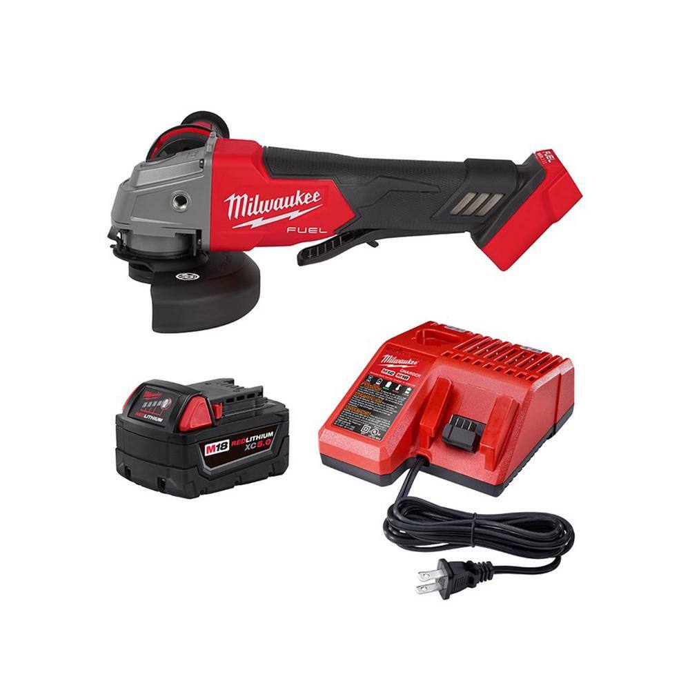 Milwaukee 2880-20-48-59-1850 M18 FUEL 18V Lithium-Ion Brushless Cordless 4-1/2 in./5 in. Grinder and Starter Kit w/(1) 5.0 Ah Battery and Charger