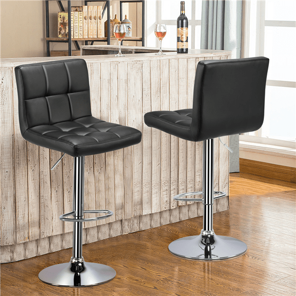 Easyfashion Adjustable Modern Faux Leather Mid-Back Bar Stool. Set of 2. Black