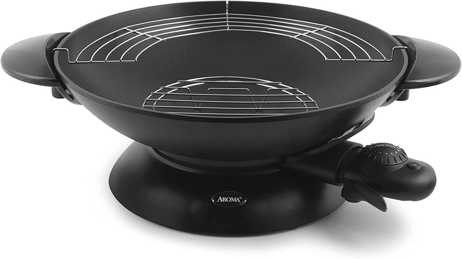 Aroma Housewares AEW-306 Electric Wok with Tempered Glass Lid Easy Clean Nonstick. Cooking Chopsticks. Tempura and Steaming Racks. Professional Model. Black