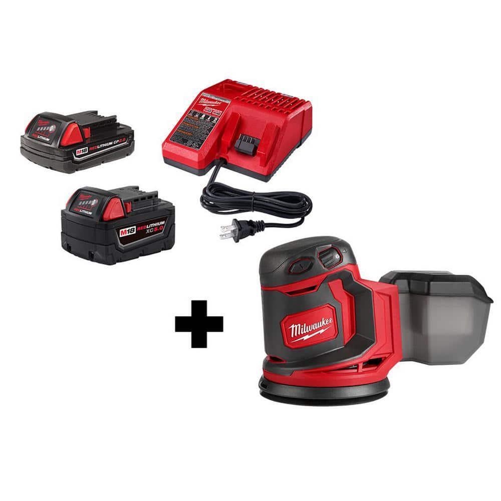 Milwaukee M18 18V Lithium-Ion Cordless 5 in. Random Orbit Sander with (1) 5.0 Ah. (1) 2.0 Ah Battery and Charger