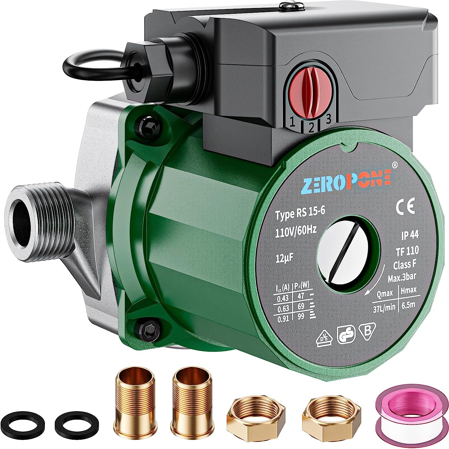 ZeroPone Hot Water Recirculating Pump. 93W Water Circulator Pump NPT 3/4″ w/NPT 1/2″ Adapter. Stainless Steel Head.15-6S 3 Speed Control for Electric Water Heater System