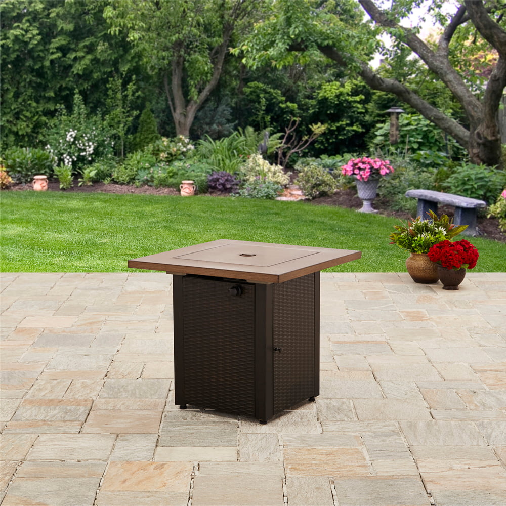 Mainstays Laurel 28″ Square 48.000 BTU Propane Gas Fire Pit Table with Lava Rocks. Metal Lid and Protective Cover
