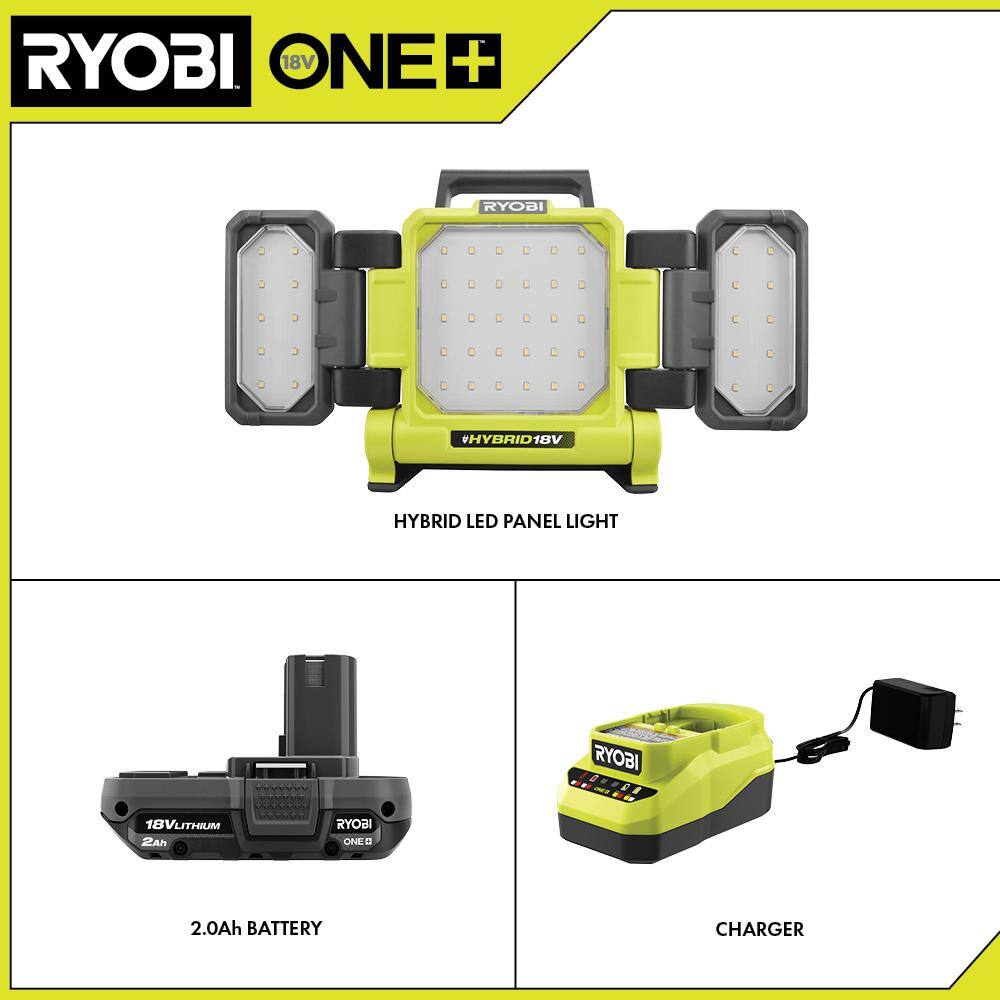 RYOBI PCL631B-PSK005 ONE+ 18V Cordless Hybrid LED Panel Light Kit with 2.0 Ah Compact Battery and Charger Starter Kit