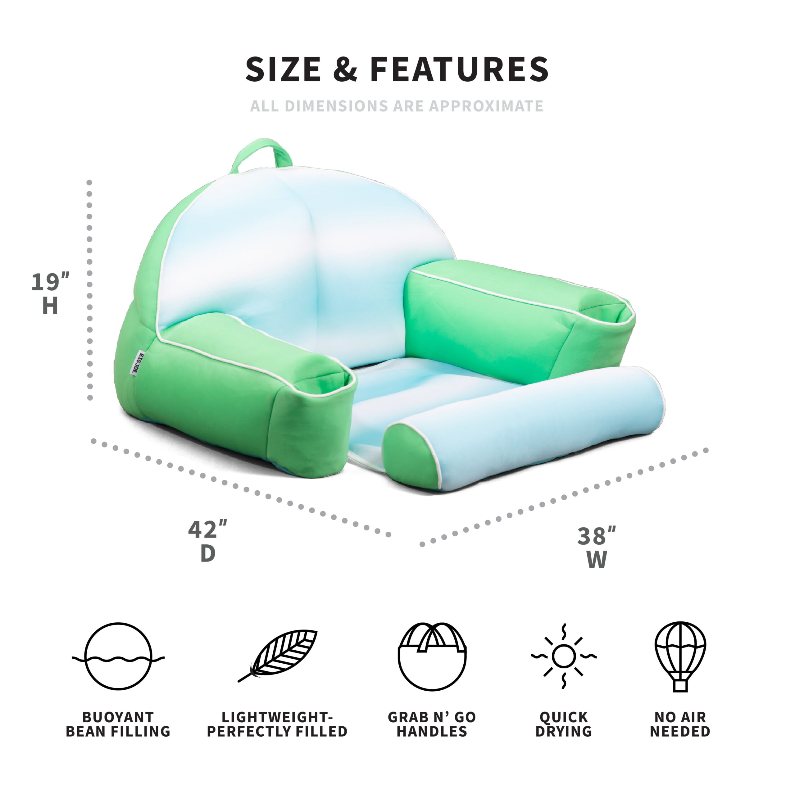 Big Joe Lazy Lounger No Inflation Needed Pool Float with Headrest and Footrest. Rolling Wave Aqua Double Sided Mesh. 3.5ft Lounger