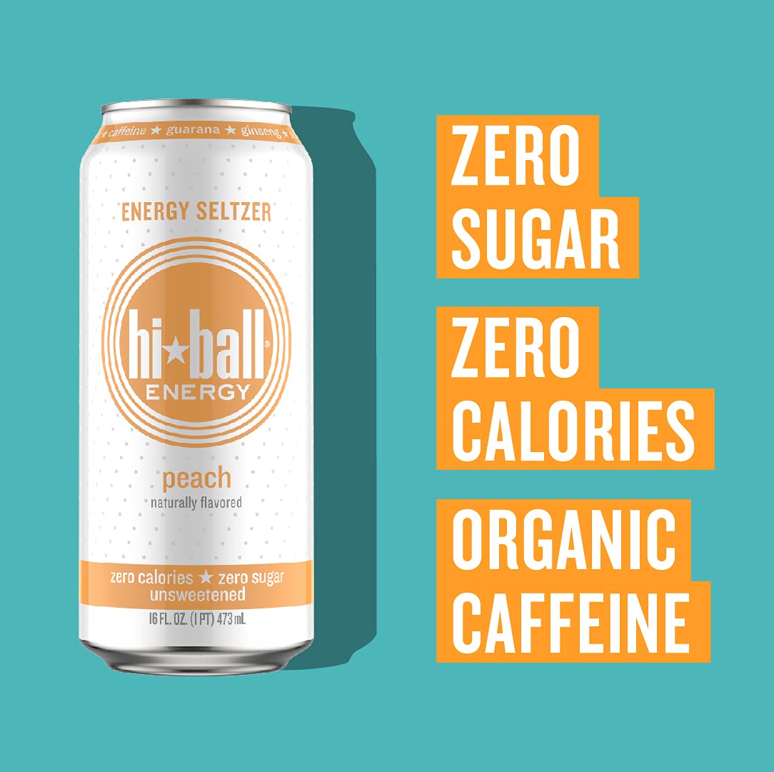 Hiball Energy Seltzer Water. Natural Energy Drink (16 Fl Oz Pack of 8). Peach