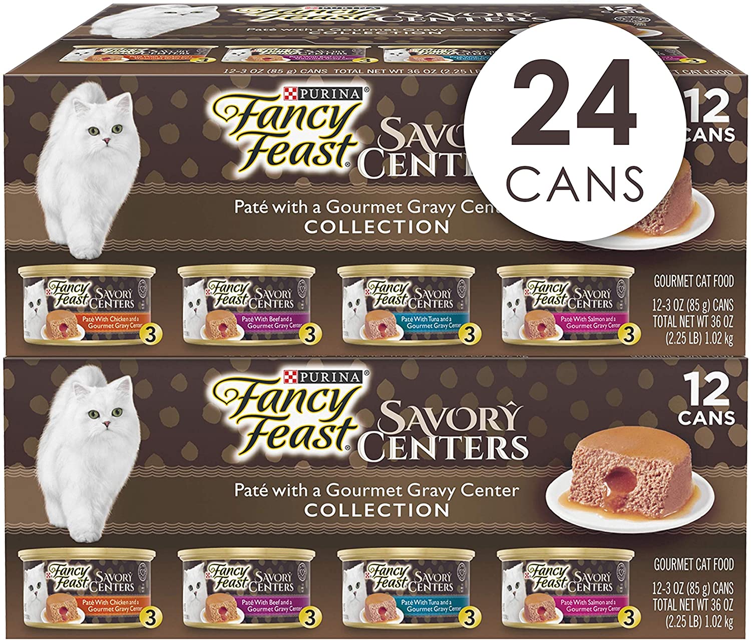 Purina Fancy Feast Pate Wet Cat Food Variety Pack. Savory Centers Pate With a Gravy Center - (2 Packs of 12) 3 oz. Pull-Top Cans