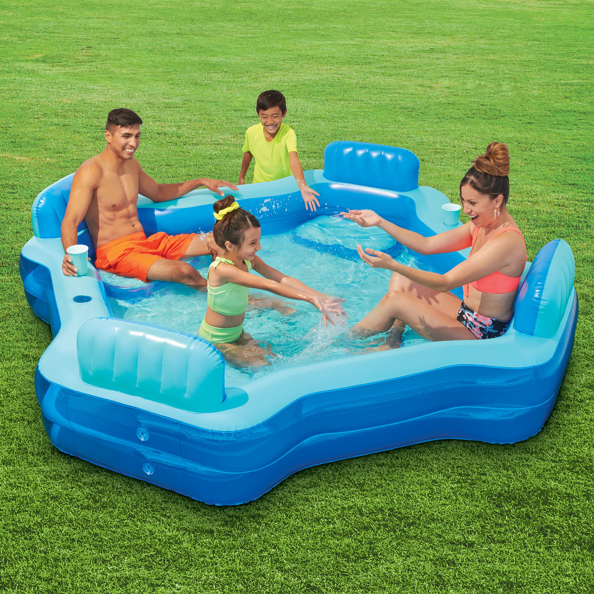 Square Inflatable Deluxe Comfort Family Pool. Blue. Ages 6 and Up. Unisex