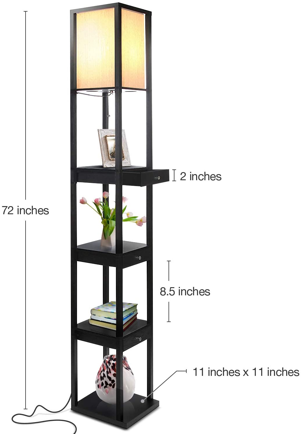 Brightech  72-in Classic Black Shelf Floor Lamp - Modern Shelf Floor Lamp with Drawer - Corner Display Floor Lamps with Shelves for Living Room. Bedroom and Office - Black