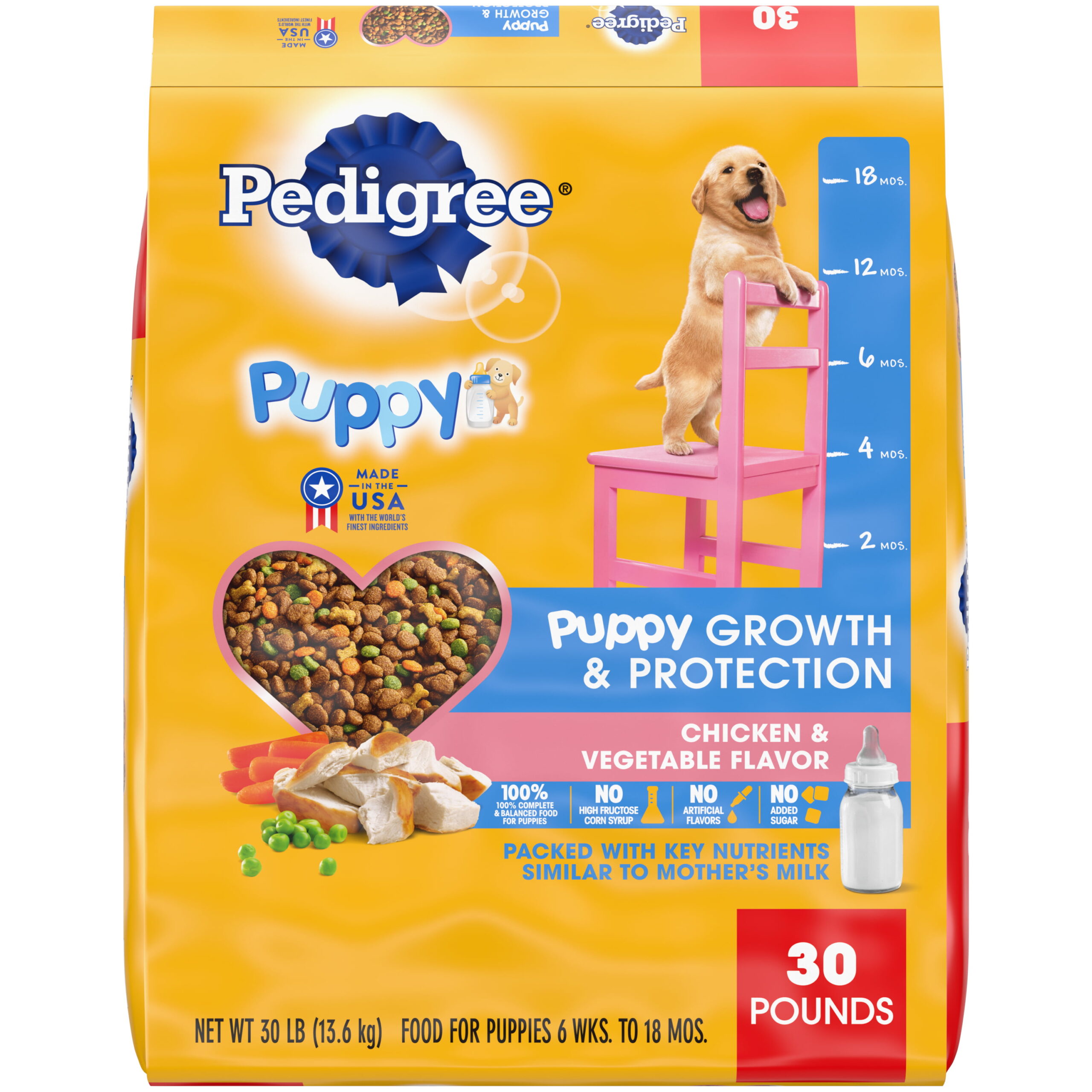 Pedigree Puppy Growth & Protection Chicken & Vegetable Flavor Dry Dog Food for Puppy. 30 lb. Bonus Bag