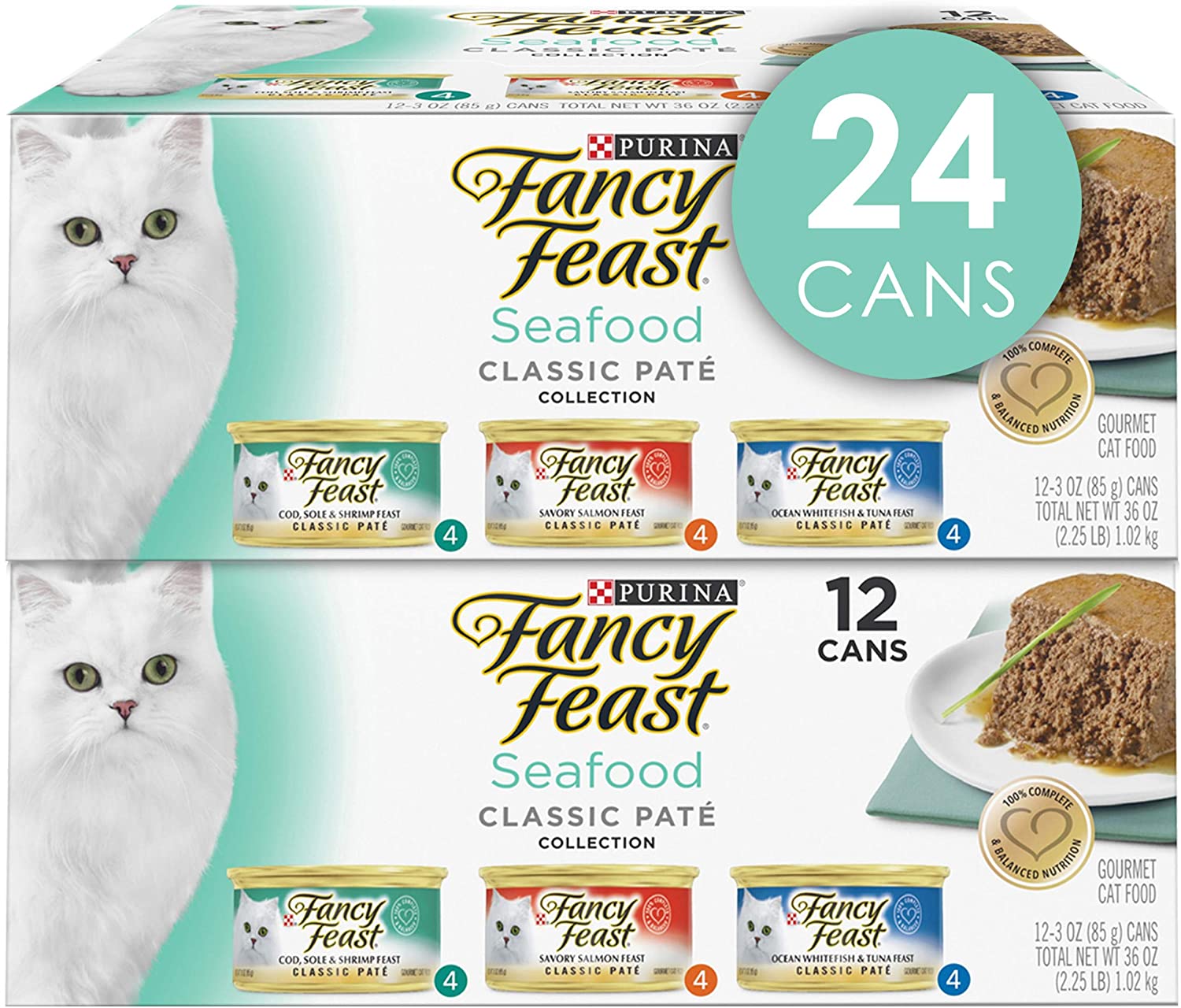 Purina Fancy Feast Grain Free Pate Wet Cat Food Variety Pack. Seafood Classic Pate Collection - (2 Packs of 12) 3 oz. Cans