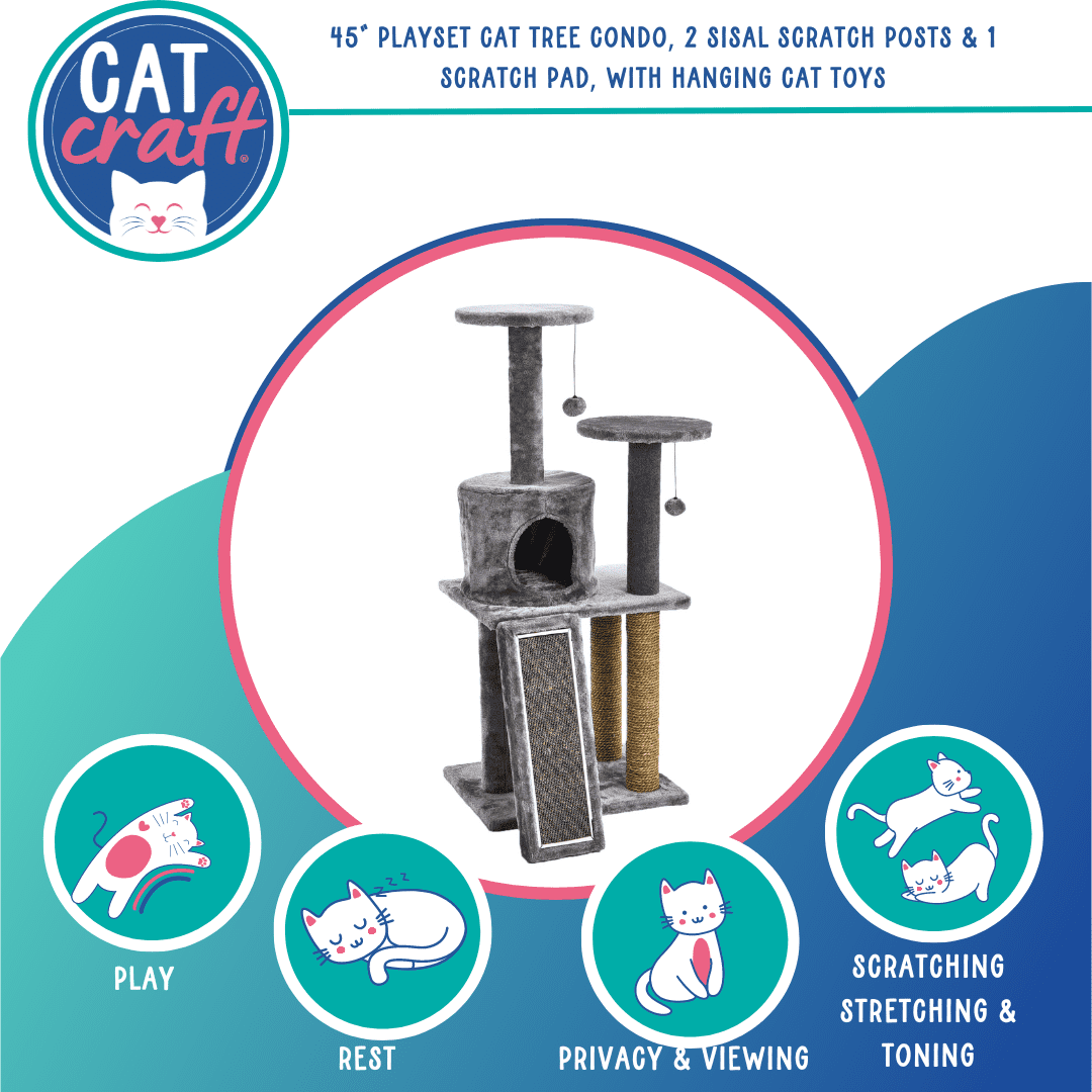 Cat Craft 45-in Cat Condo and Scratching Post Cat Tree Tower. Light Gray