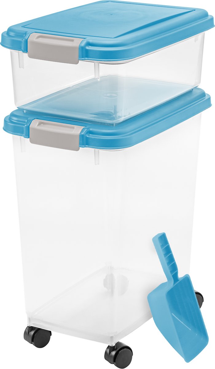 IRIS Airtight Food Storage Container and Scoop Combo for pet. dog. cat and bird food. Blue Moon/Gray