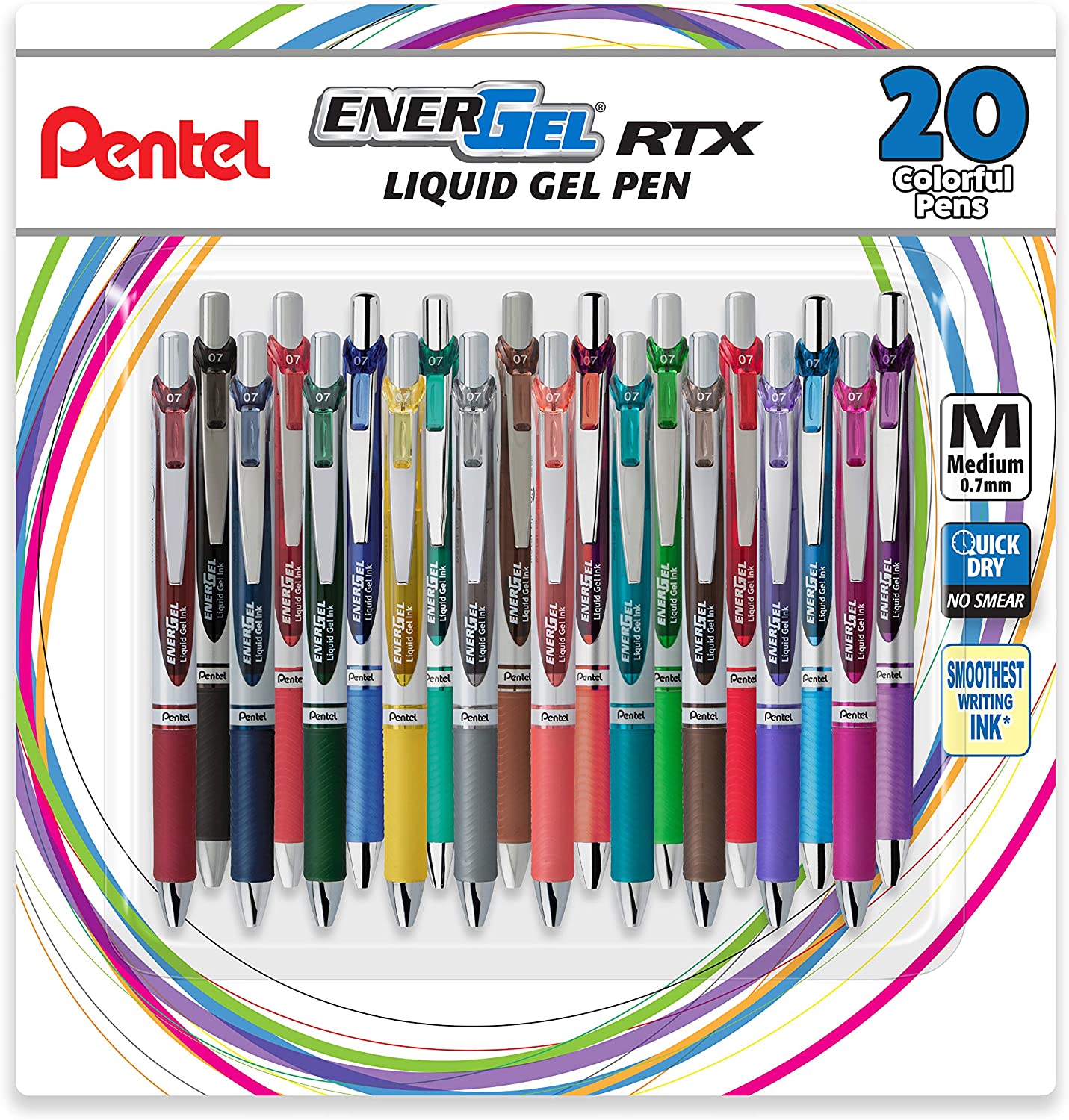Pentel EnerGel RTX Retractable Liquid Gel Ink Pen. (0.7mm) Medium. Assorted Ink. 20 Pack (BL77BP20M). Assorted