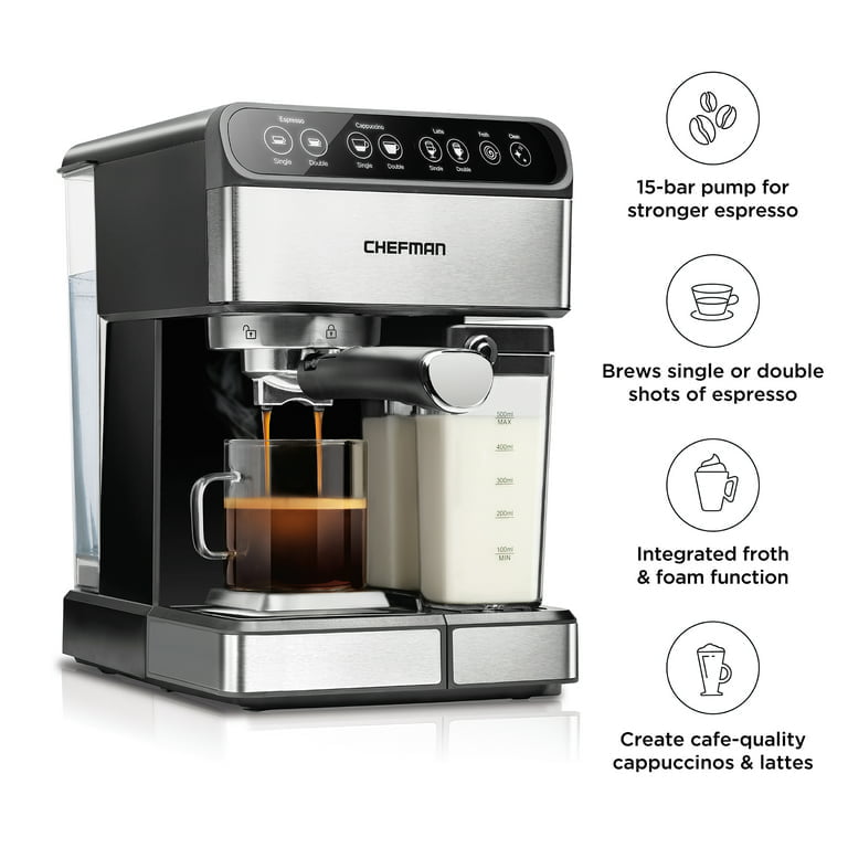 Chefman Digital Espresso Machine with Milk Frother. 15 Bar. Silver Stainless Steel. New