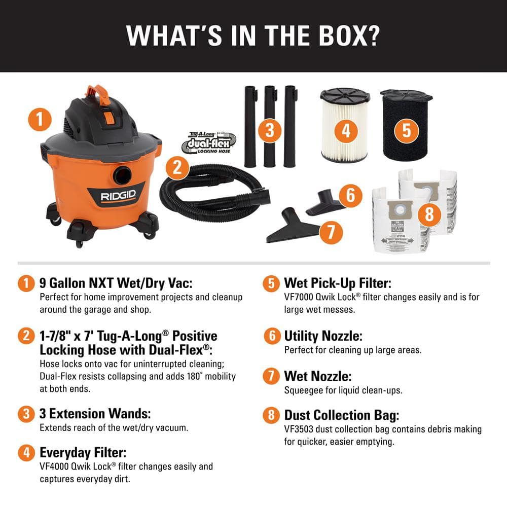 RIDGID HD0900B 9 Gallon 4.25 Peak HP NXT Wet/Dry Shop Vacuum with Standard Filter. Wet Filter. Dust Bags. Locking Hose and Accessories