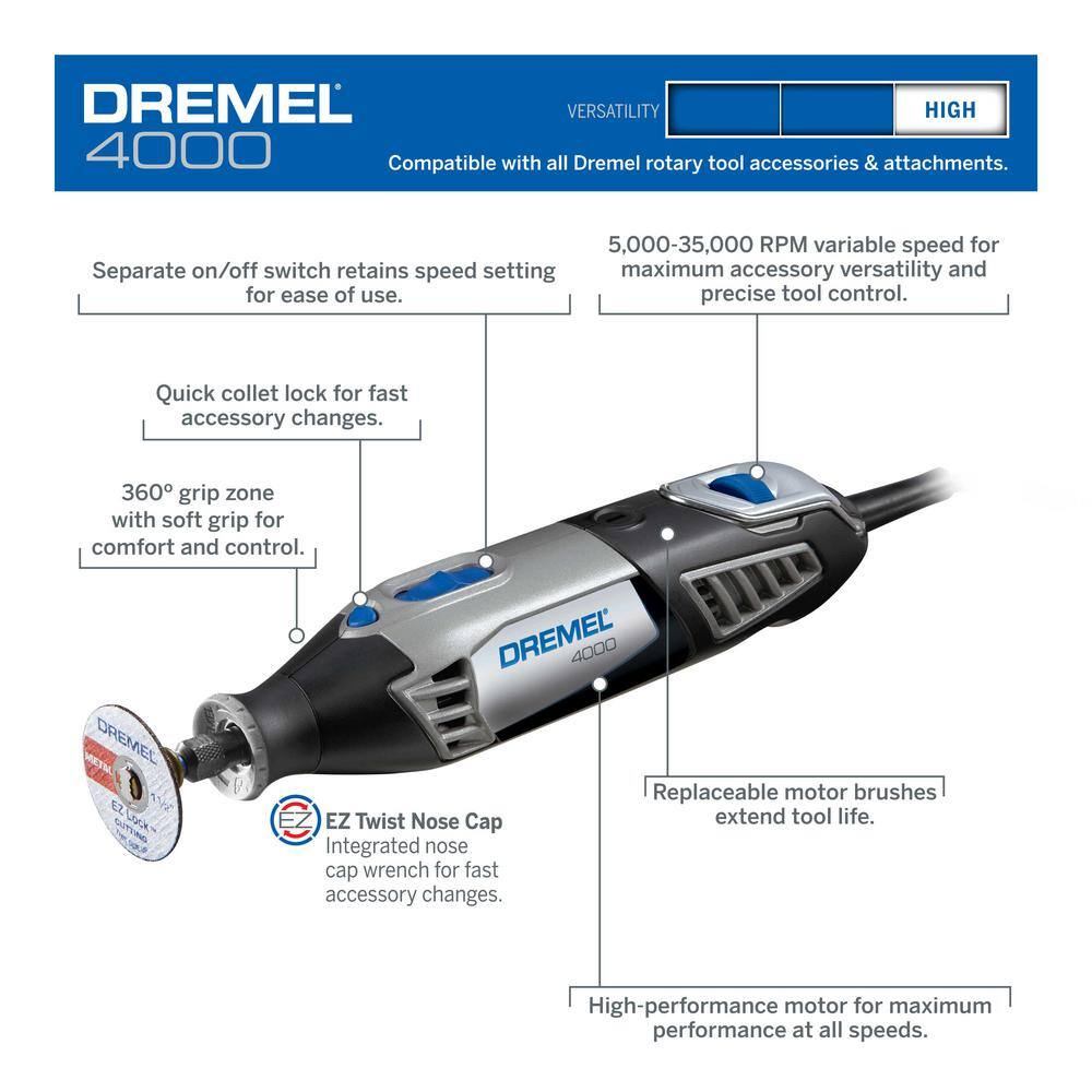 Dremel 4000-4/34 4000 Series 1.6 Amp Variable Speed Corded Rotary Tool Kit with 34 Accessories. 4 Attachments and Carrying Case