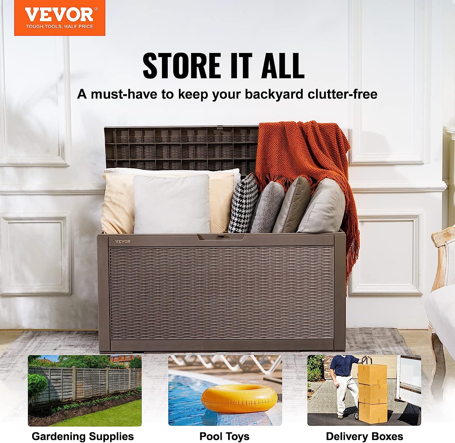 VEVOR Deck Box. 100 Gallon Outdoor Storage Box. 48.0″ x 21.5″ x 24.5″. Waterproof PP Deckbox with Aluminum Alloy Padlock. for Patio Furniture. Pool Toys. Garden Tools. Outdoor Cushions. Gray